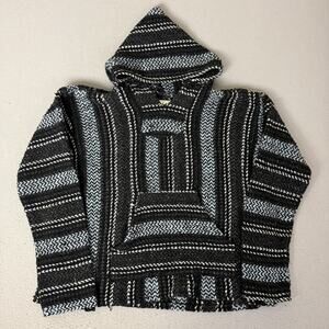 Baja Joe Hoodie Mens Small Black Blue Striped Pullover Drug Rug Mexico
